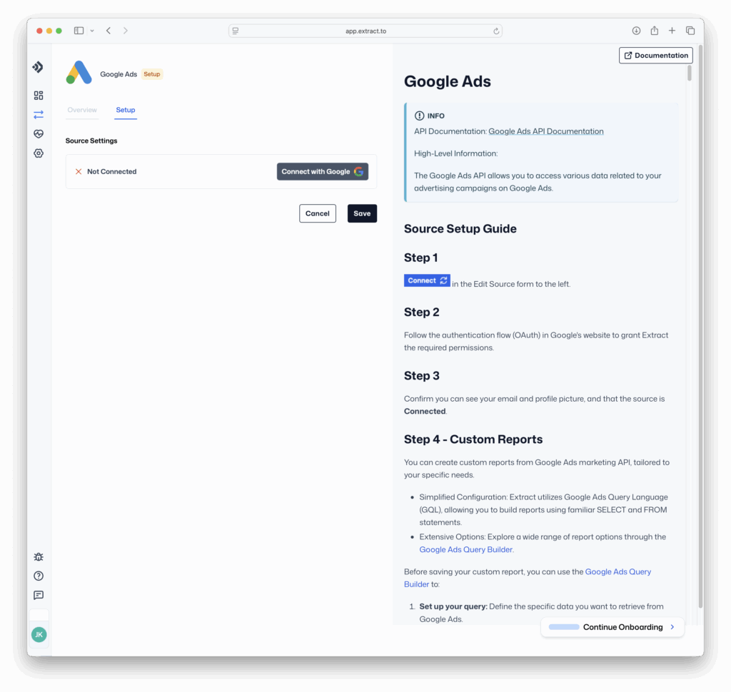 Extract Google Ads source settings